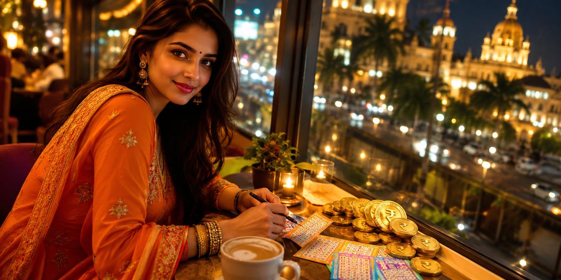 Mumbai urban scene featuring lottery signage and rupee symbol